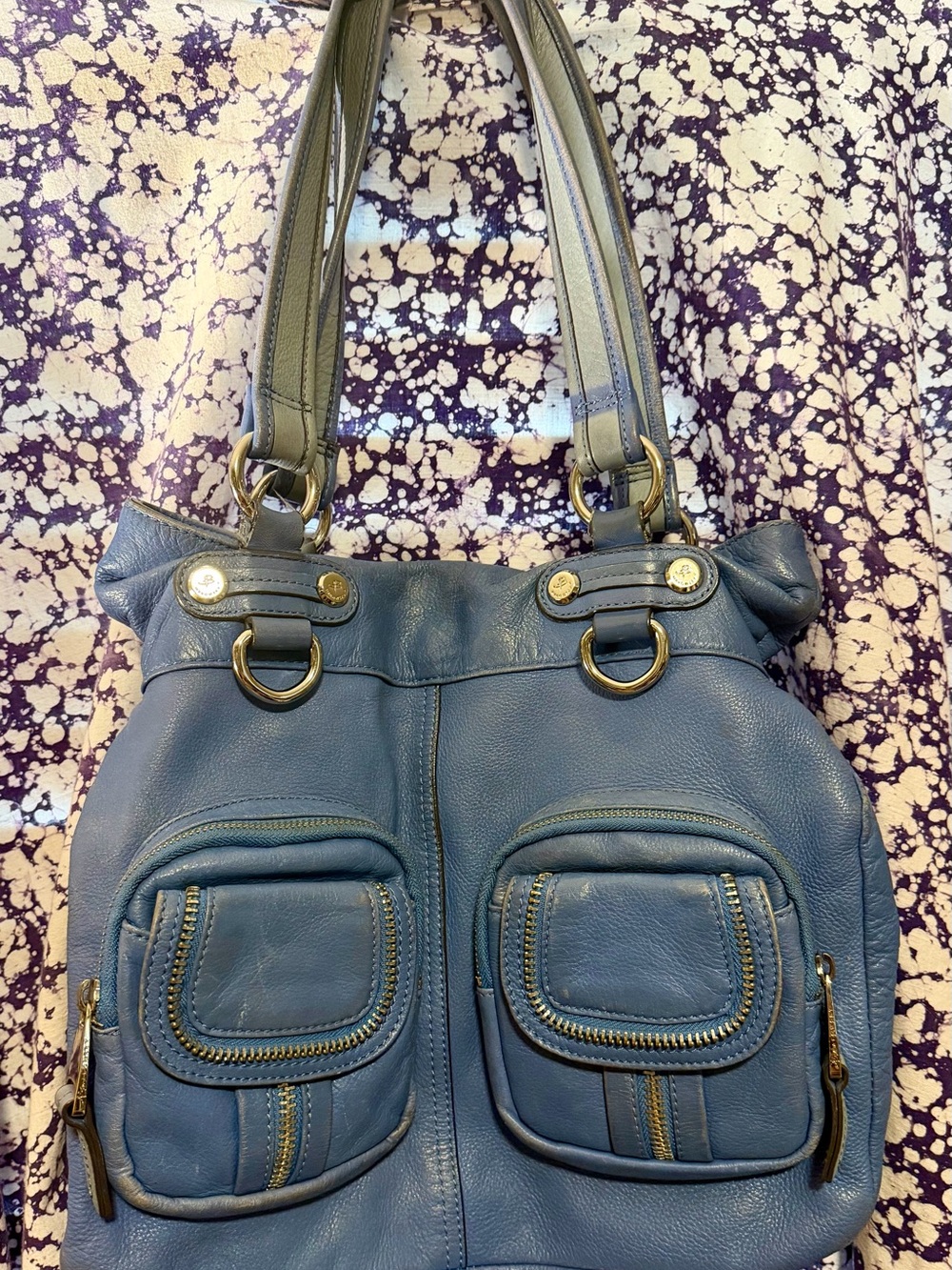 b. makowsky Blue Leather Hobo with Gold Hardware